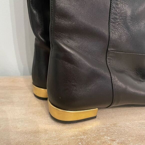 Kate Spade Knee High Boots Black Leather Made Italy Size 7 Gold Heel Equestrian - Picture 5 of 12